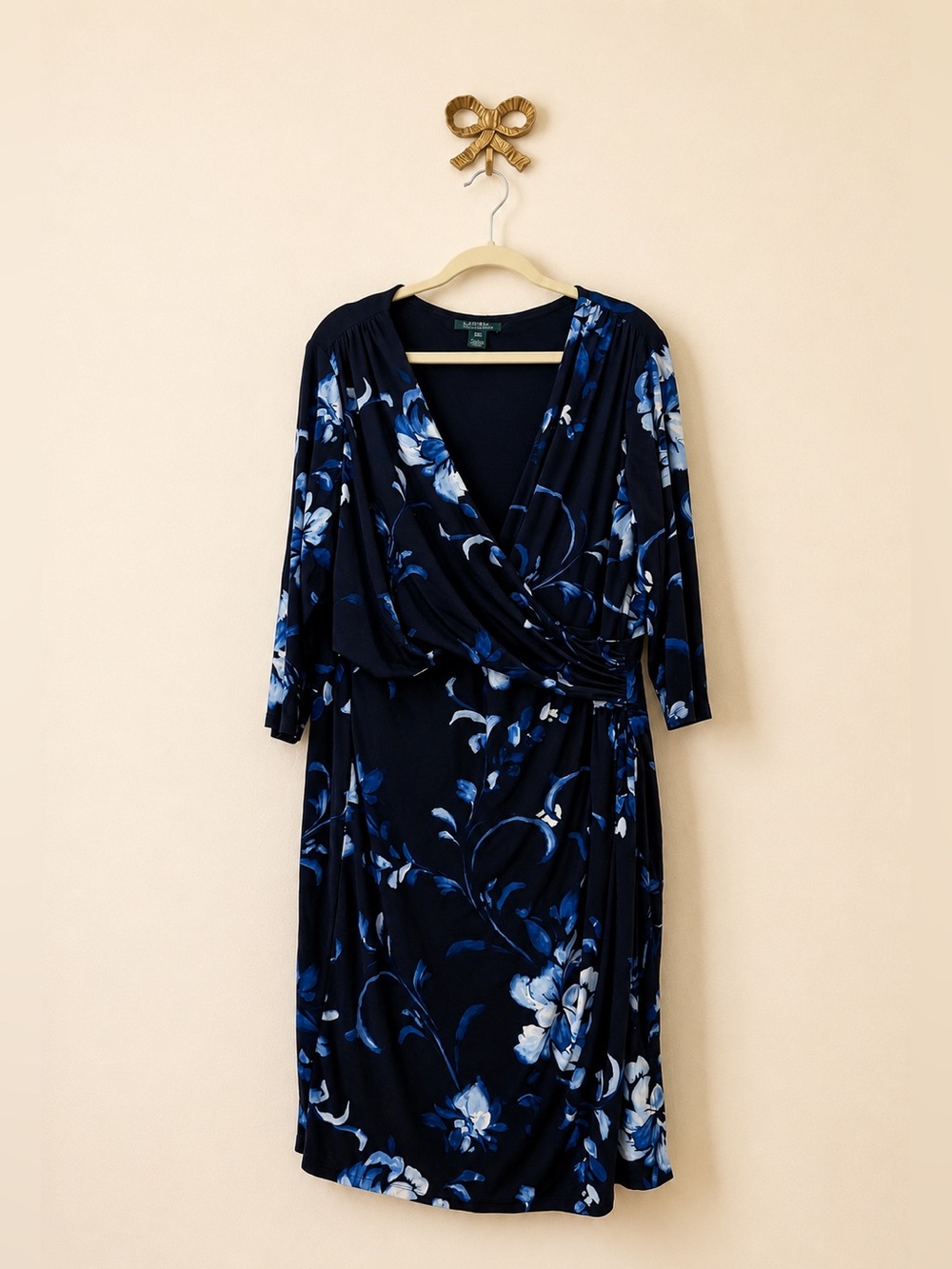 Lauren Ralph Lauren Women’s 20W Black Navy Blue Floral Wrap Dress 3/4 Sleeve